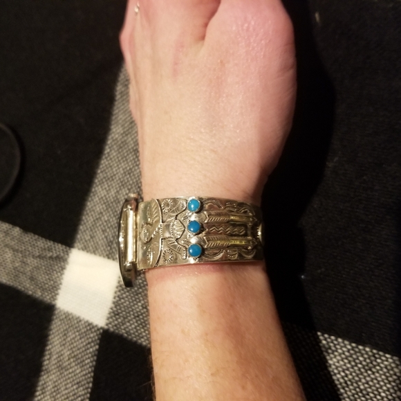 Sterling and Turquoise Cuff Watch - Picture 3 of 10